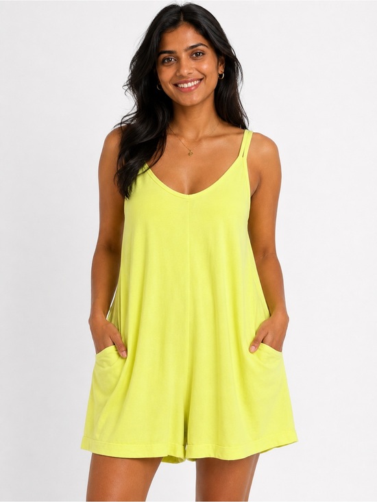 Sincerly Jules Pants - Sincerely Jules Neon Yellow Wide-Leg Romper – Size Medium
